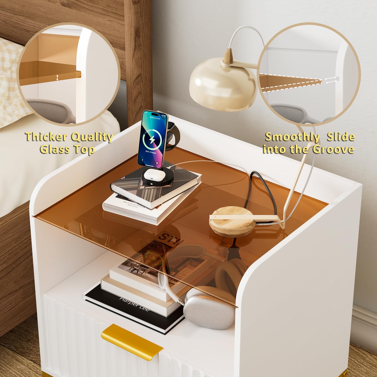 HQZX Fluted Nightstand with Charging Station and Glass Top, Modern Bedside Table with Metal Legs, Wood End Table for Bedroom, Living Room (White)