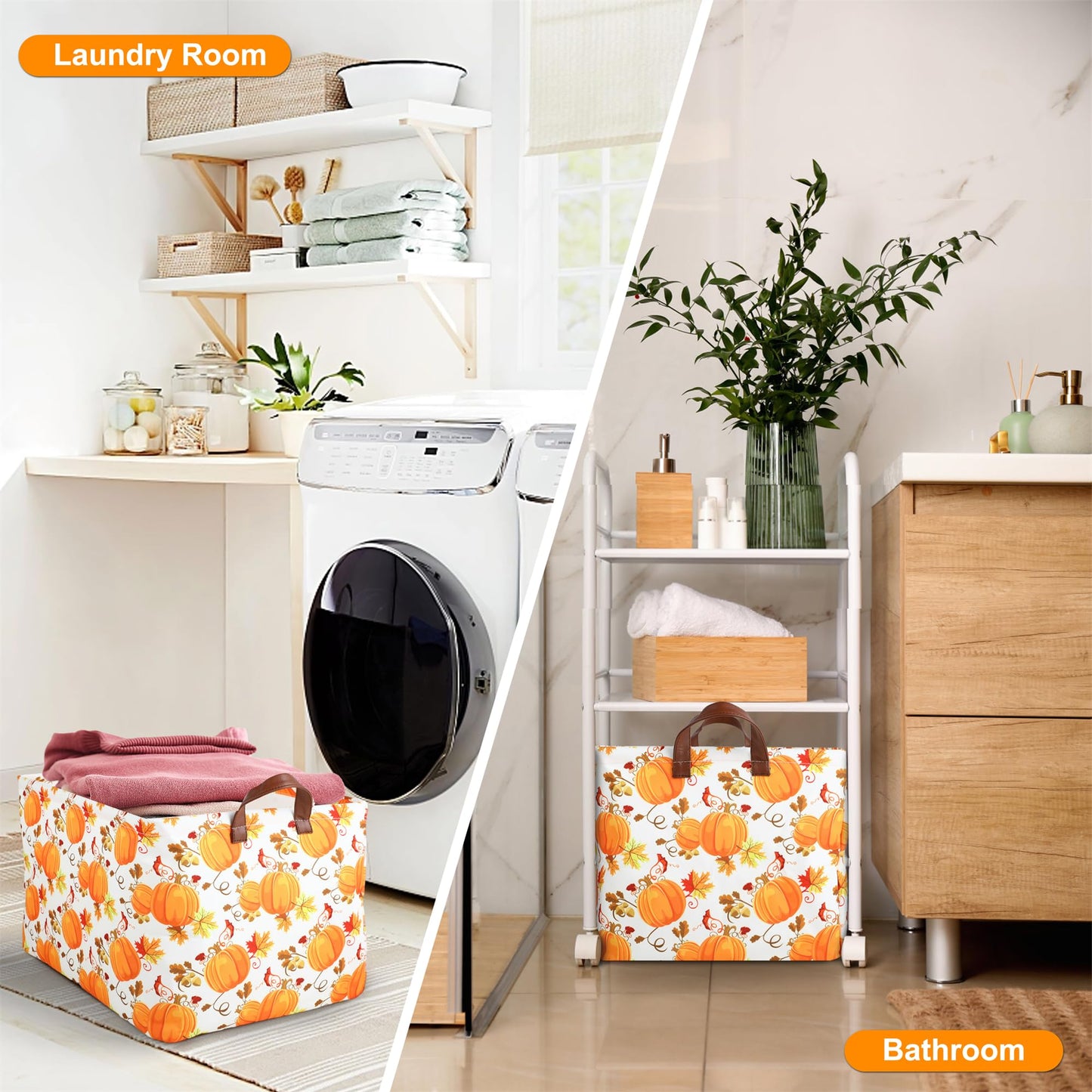 Funnewban Pumpkin Fall Storage Bin Basket Collapsible with Leather Handles Waterproof Canvas Storage Cube Box for Closet Toys Clothes Thanksgiving Room Decor Gift Basket