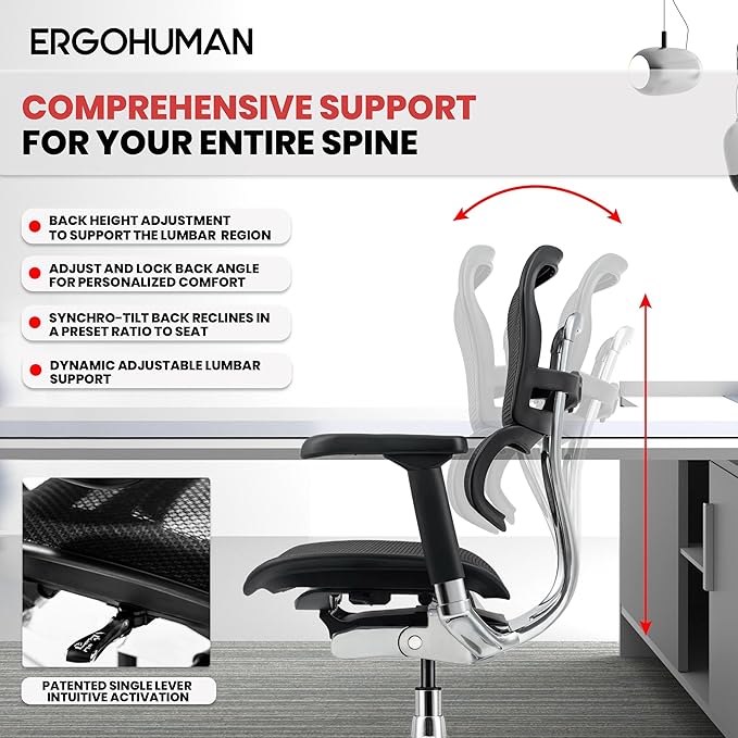 Ergohuman Eurotech ME8ERG GEN2 High Back Mesh Office Chair with Tilt Tension Control, Tilt Lock, Back Angle, Back Height, Synchro Tilt, Seat Height, Seat Depth, and Arm Height Adjustments, Black