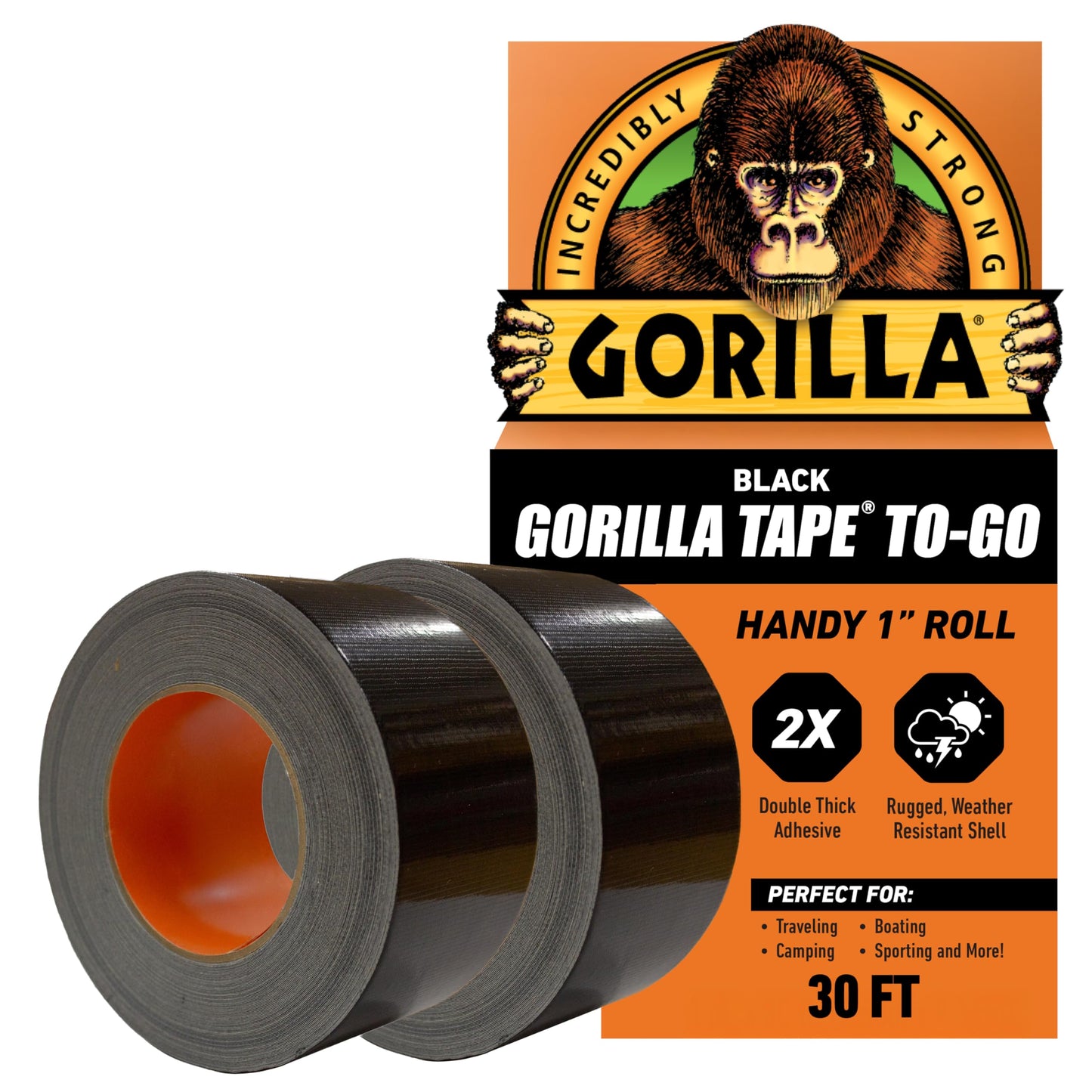Gorilla Tape, Mini Duct Tape to-Go, 1" x 10 yd Travel Size, Black, (Pack of 2)