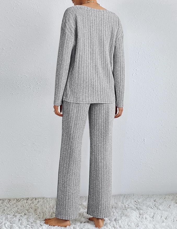 Ekouaer Lounge Sets for Women Long Sleeve Knit Ribbed Pajama Sets 2 Piece Casual Loungewear with Pockets