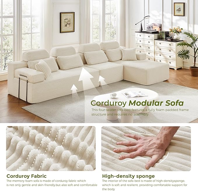 136" L-Shaped Cloud Modular Sectional Sofa with Chaise & Headrest, Boneless Deep Seat Plush Corduroy Couches for Large Living Room, No Assembly Required (White, 136" L-shapred Chaise)