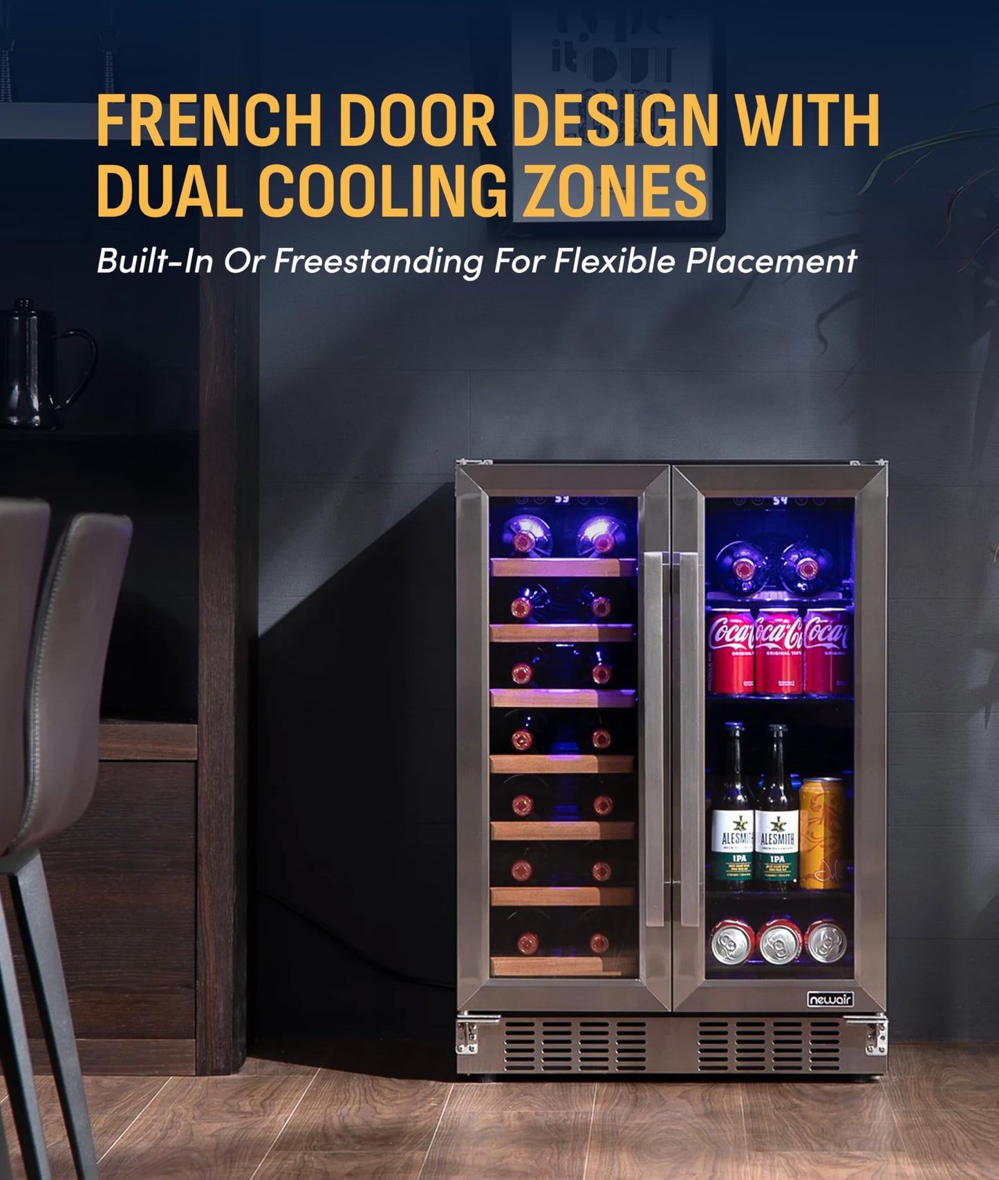 NewAir 24" Dual Zone Beverage Refrigerator & Wine Cooler for 20 Bottles & 78 Cans | Freestanding or Built-In Under Counter Mini Fridge for Beer, Wine and Soda | Stainless Steel