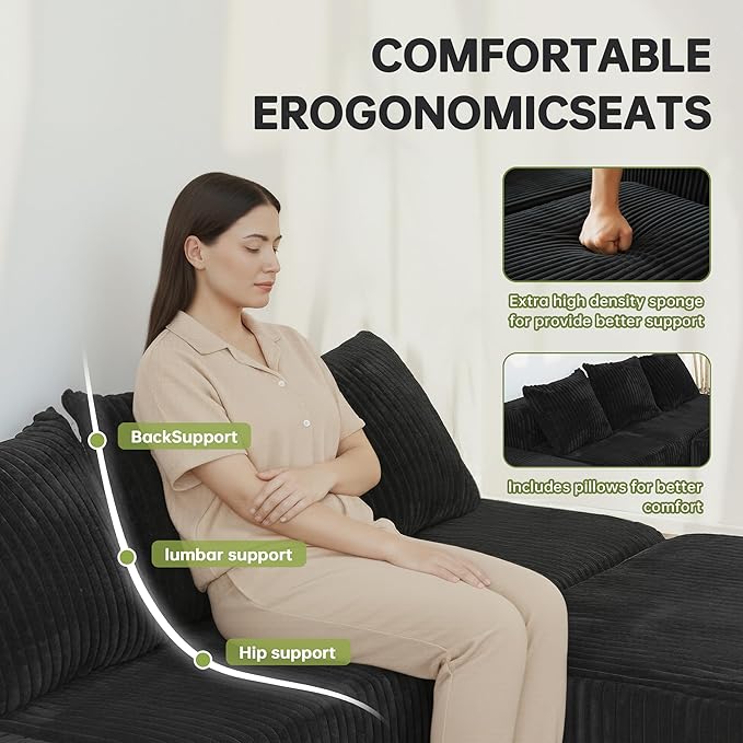 SEENYOO 130" Boneless Couch, Cloud Couch Sectional, Corduroy Sofa for Living Room, U Shaped Modular Sofa with Chaise, No Assembly, 4 Seats Oversized (Black)
