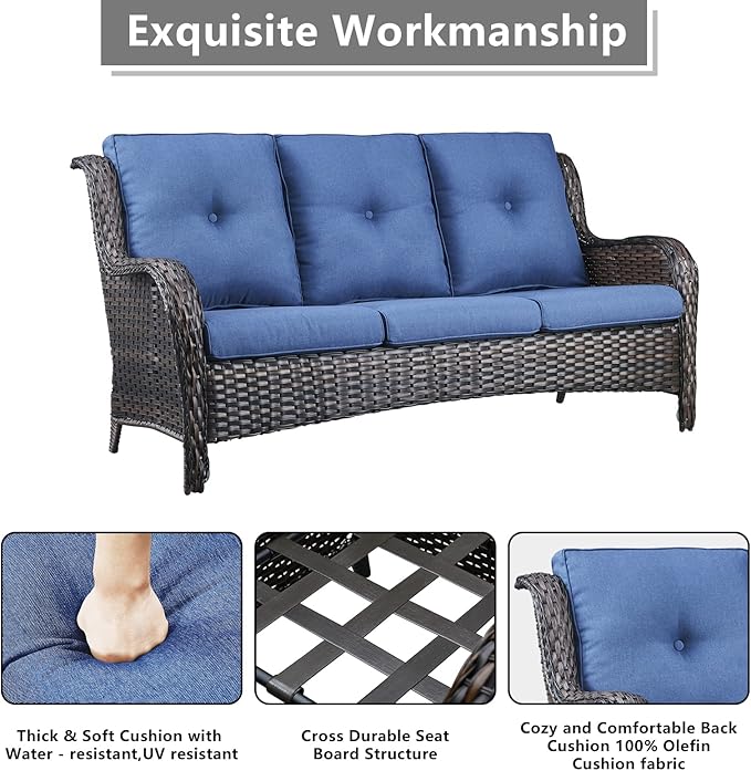 Rilyson Wicker Patio Furniture Set - 7 Piece Rattan Outdoor Sectional Conversation Sets with 4 Swivel Rocking Chairs,2 Ottomans and 1 Sofa for Porch Deck Garden(Brown/Blue)