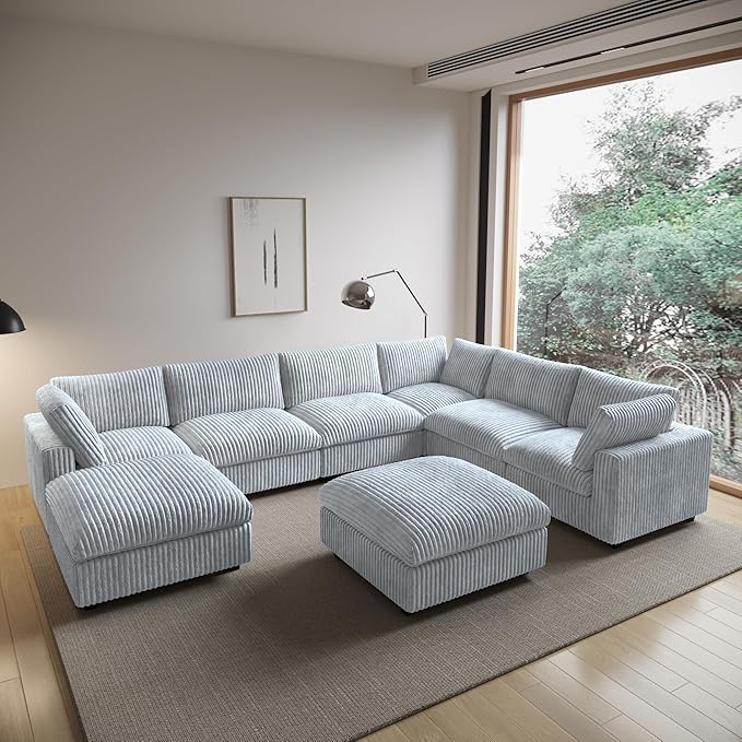 Modular Sectional Sofa/ 158inch Cloud Couches with Ottoman for Living Room/Oversized Soft Faux Rabbit Fur U Shaped Couch with Chaise,8 Seater Wide Convertible Sofa,Covers Washable&Replaceable,Grey