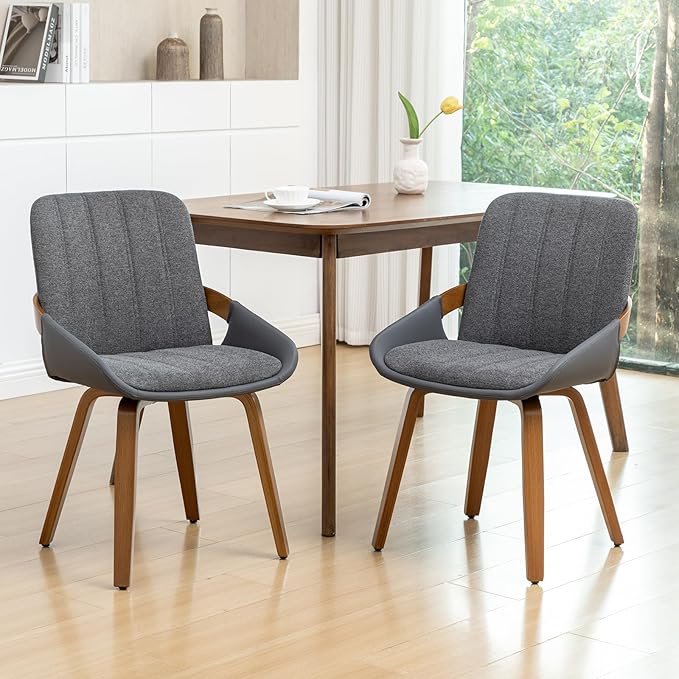 YOUUGIOR Dining Room Chairs Set of 4, Mid Century Modern Gray Fabric+Faux Leather Kitchen Chairs No Arms,Bamboo Legs Side Chairs No Wheels,Accent Chair for Dining Rooms