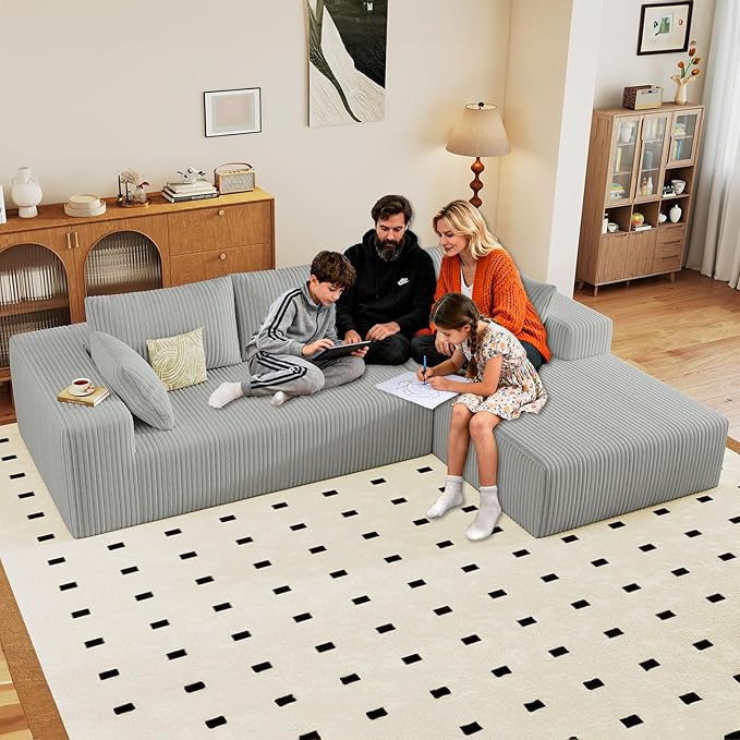 96" Cloud Sectional Couch with L-Shape Chaise, Modern Corduroy Boneless Couch for Living Room,Memory Foam Sofa with Deep Seat,No Assembly Required (Grey,Right-Facing Chaise)