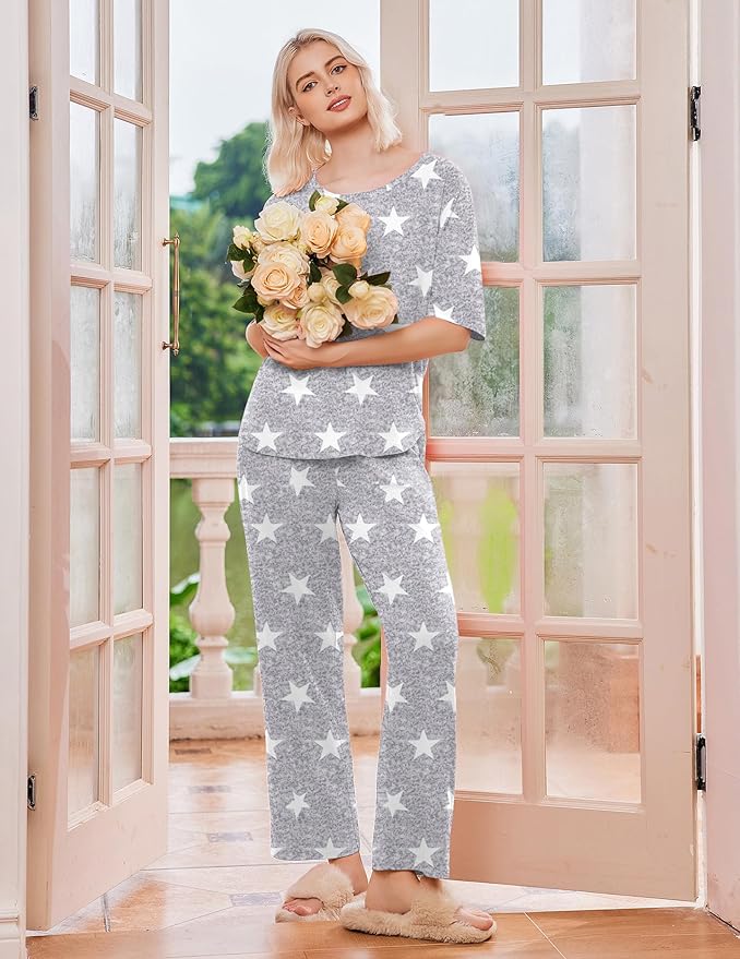 Ekouaer 2 Pack Womens Pajama Sets Short Sleeve Tops and Long Pants Casual Comfy Pjs Lounge Set with Pockets,S-XXL