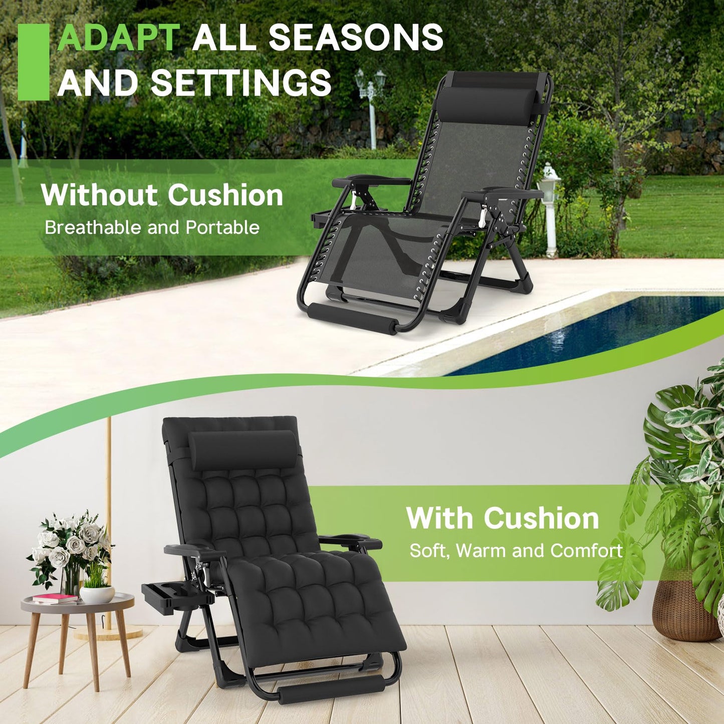 ZENPETIO Oversized Zero Gravity Chair, 33In XXL Zero Gravity Recliner Lounge Chair, Anti Gravity Chair for Indoor and Outdoor, Reclining Camping Chair for Lawn and Patio w/Cushion and Footrest, 500LBS