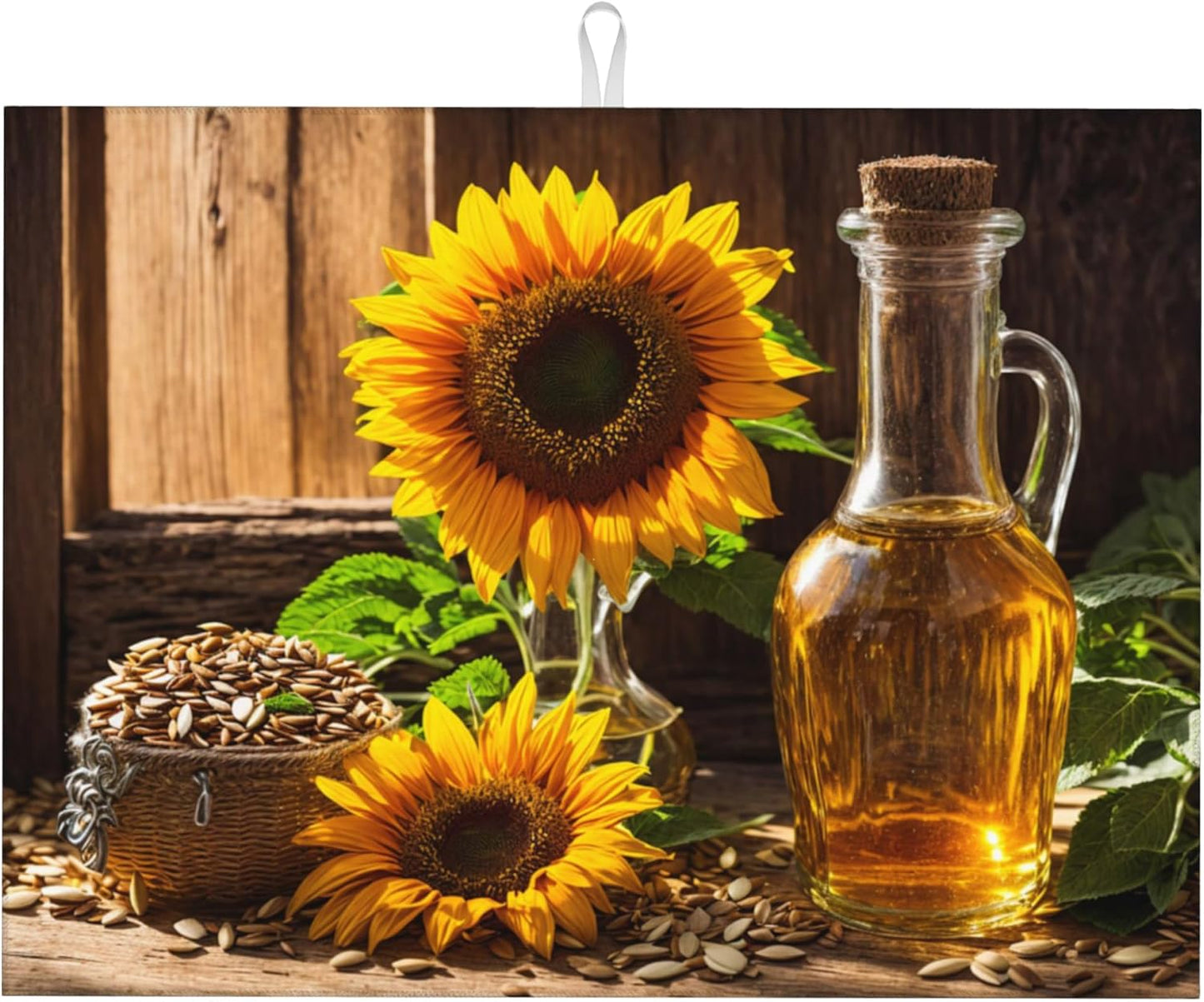 Large Dish Drying Mat for Kitchen Counter,18"X24" Sunflowers with Oil Bottle Absorbent Reversible Microfiber Dish Drying Mat Dish Drainer Mat,Dishes Mat Drying Pad for Kitchen Countertop Coffee Bar