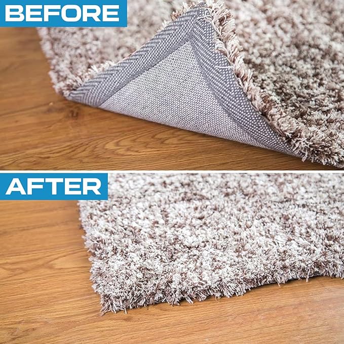 8-Pack Gripper for Rug for Hardwood Floors and Tiles: Double-Sided Reusable Rug Carpet Tape. Anti-Slip Tape Grips Area Rugs, Non-Slip Rug Pads Prevent Sliding, Curling, and Bunching
