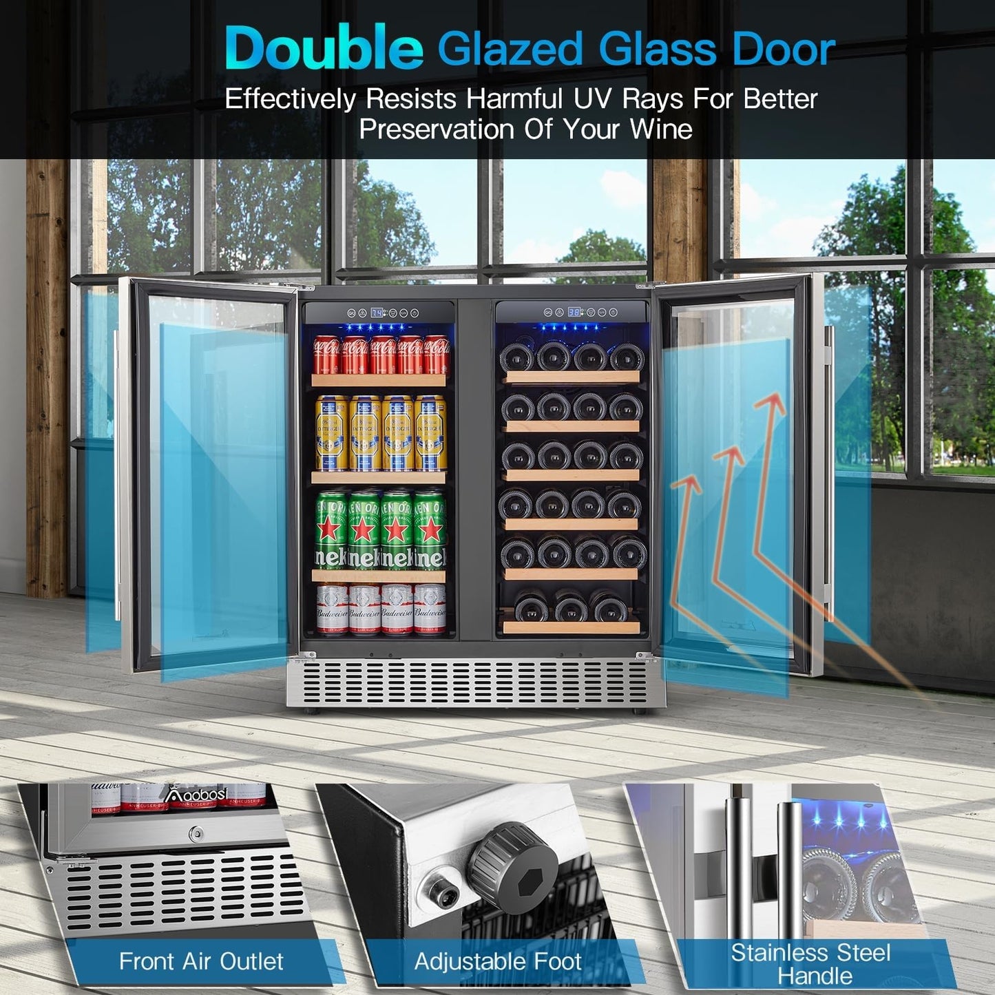 AAOBOSI 30 Inch Dual Zone Wine and Beverage Cooler,28 Bottles & 110 Cans Wine Fridge,Built-in and Freestanding,Removable Fashion Wooden Frame,Intelligent Digital Temperatrue Control,Low Noise