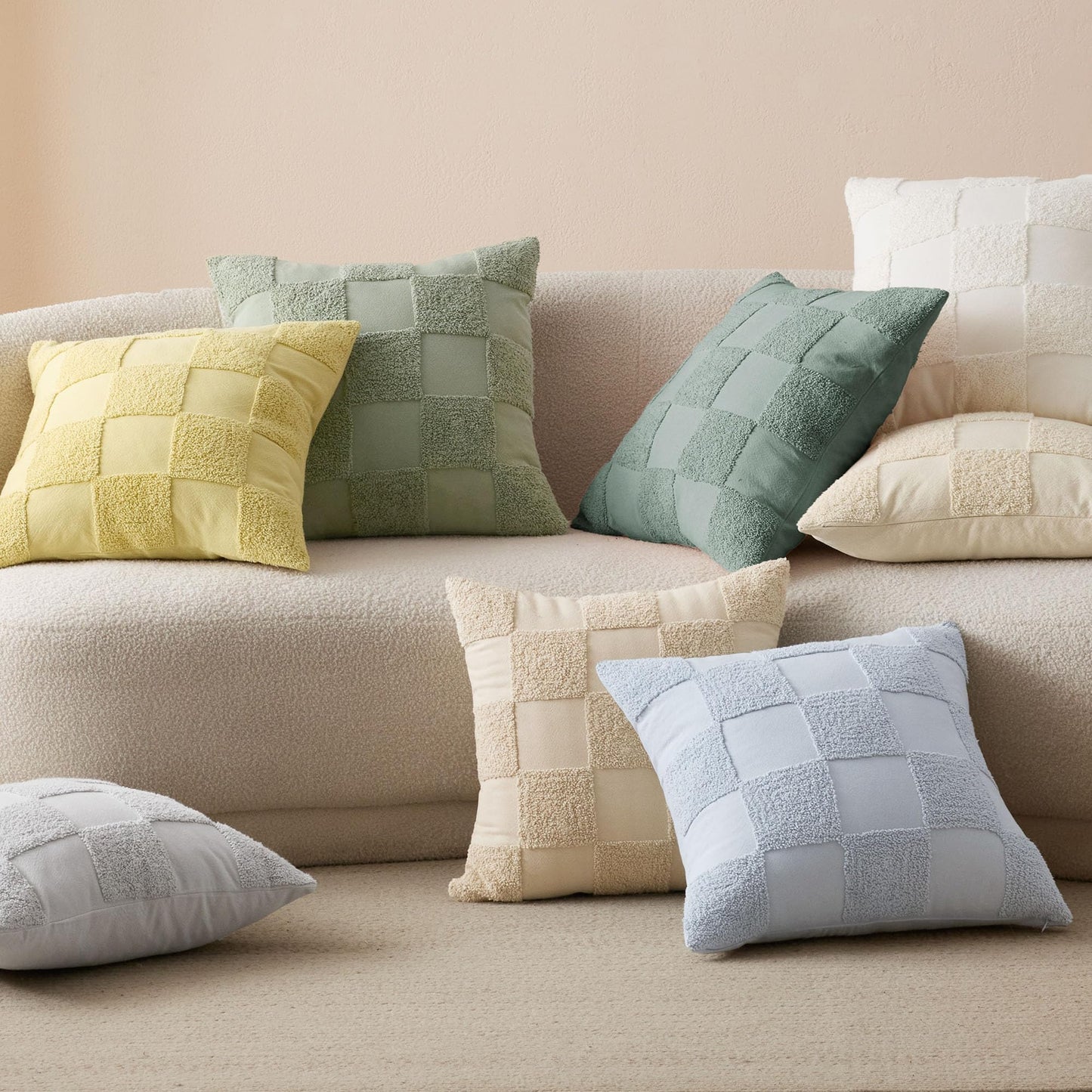 Double Stitch Checkered Throw Pillow Covers - 100% Cotton Tufted Boho Decorative Pillow Covers 20x20, Made in India, Square Plaid Cushion Case, Modern Home Decor for Couch, Sofa, Living Room, Oat
