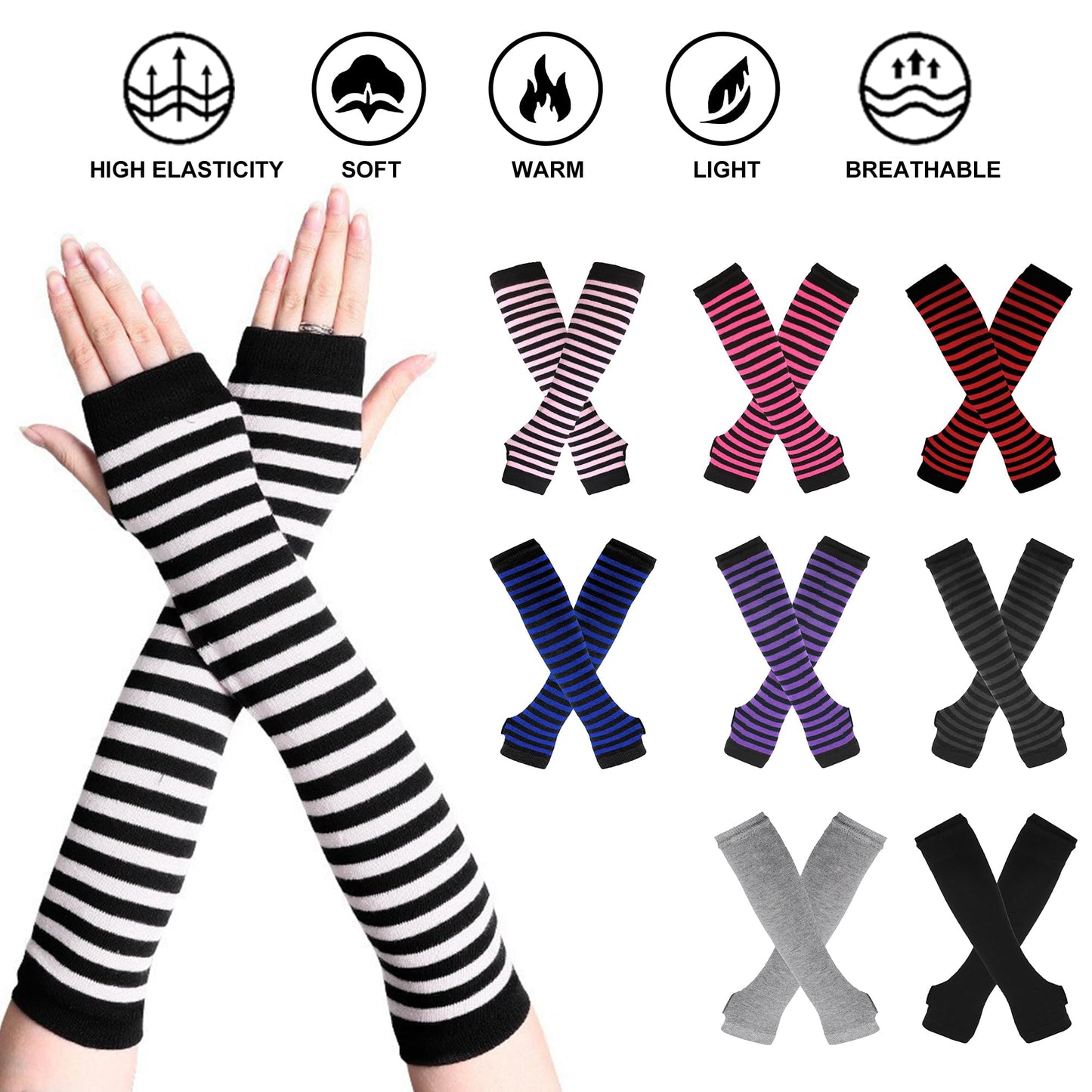 UTTPLL Womens Punk Gothic Long Arm Warmers Fashion Striped Fingerless Gloves Winter Warm Knitted Stretchy Mitten Thumb Hole Wrist Warmer Halloween Costume Stripe Black Grey