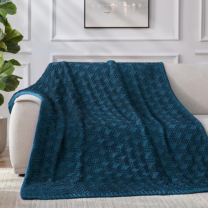 Knitted Weighted Blanket for Adult, Chunky Knit Weighted Throw for Sleep 60"*80" 10lbs, Cooling Breathable Machine Washable Heavy Blanket for Room Decor (Peacock, Queen)