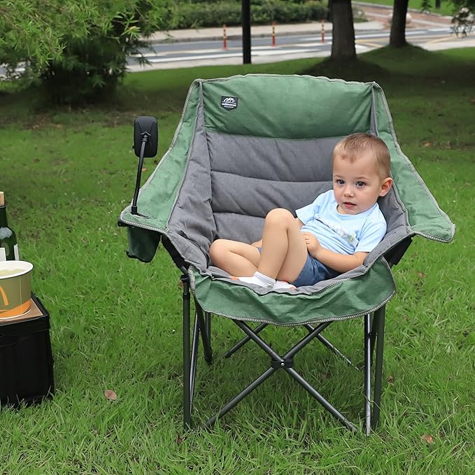 LANMOUNTAIN Oversized XL Folding Camping Chair,Heavy Duty Support 400Lbs,Large Comfy Padded Camp Chair for Adults,Lawn Arm Chair w/Cup Holder,Phone Holder,Carry Bag Perfect for Outdoor (Green)