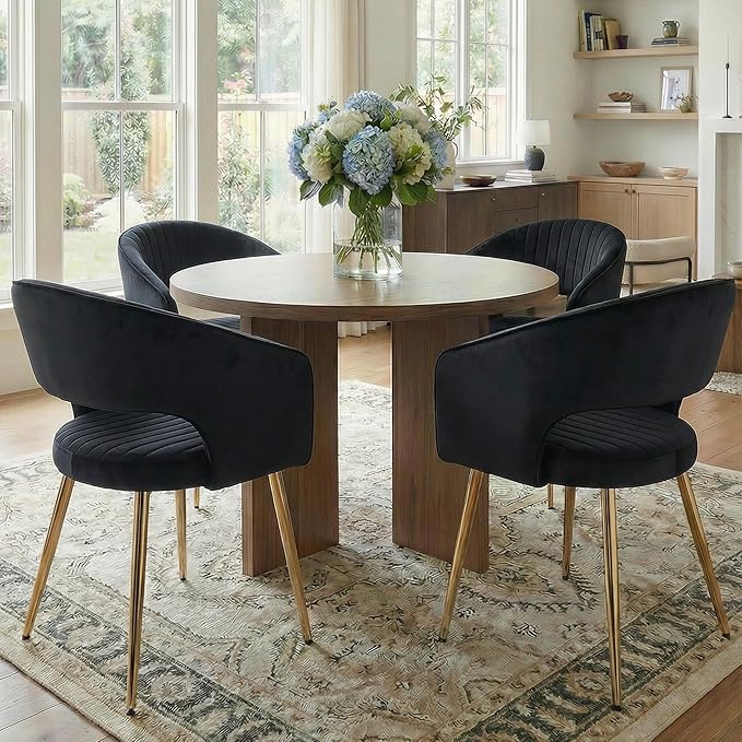 COMULER Black and Gold Velvet Dining Chairs, Modern Dining Room Chairs with Arms Set of 6 Upholstered Accent Chair Armchair with Barrel Back for Kitchen Living Room