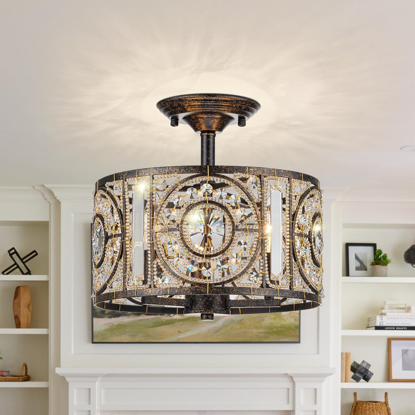 Zicbol Vintage Crystal Drum Chandelier, 3-Lights Bronze Finish Retro Chandelier Lighting Fixtures, Semi Flush Mount Ceiling Light for Dining Room Living Room Bedroom Entryway Etc.