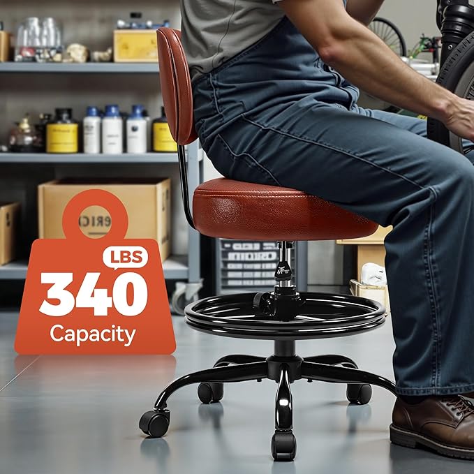 Shop Stool with Wheels for Garage, Mechanics Rolling Chair with Backrest, Adjustable Height Heavy Duty Garage Stool with Footrest and Storage Tray, Swivel Task Chair for Workshop Kitchen Salon