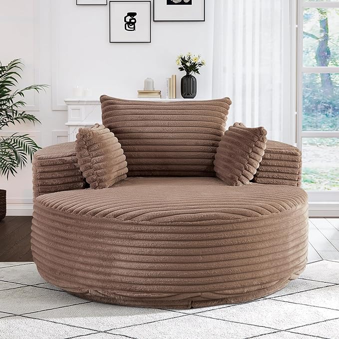 360-Degree Oversized Swivel Chair, Modern Round Circle Corduroy Comfy Deep Seat Swivel Accent Chaise Lounge Sofa Chair with Back Cushion & 2 Throw Pillows for Living Room Bedroom Office, Brown