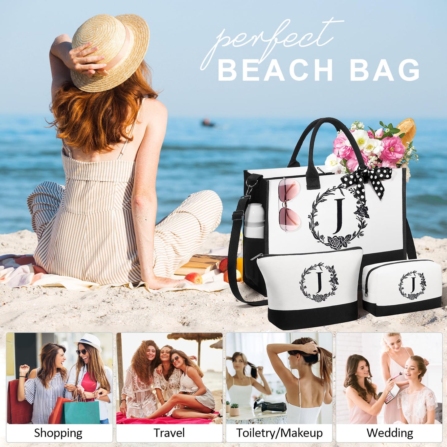 Personalized Mothers Day Gifts for Women, Initial Canvas Tote Bag & Makeup Bag Monogrammed Beach Tote Bag for Women w/Zipper, Birthday Gifts for Women Mom Her Girlfriend Wife Sister Friend Daughter
