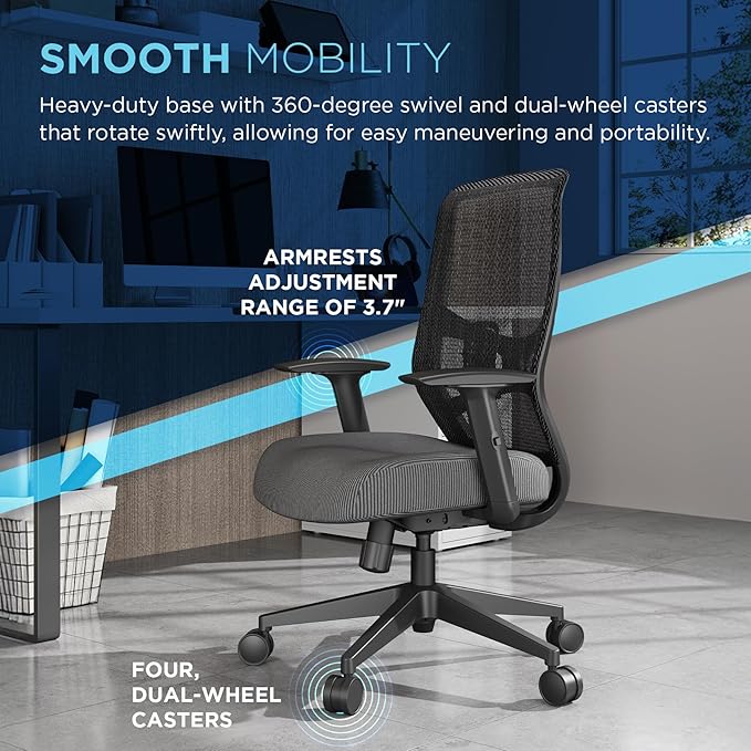 Tempur-Pedic ProTask Executive Task Office Chair with Mesh Back and Built-in Lumbar Support, Height-Adjustable Ergonomic Mesh Office Desk Chair, Grey