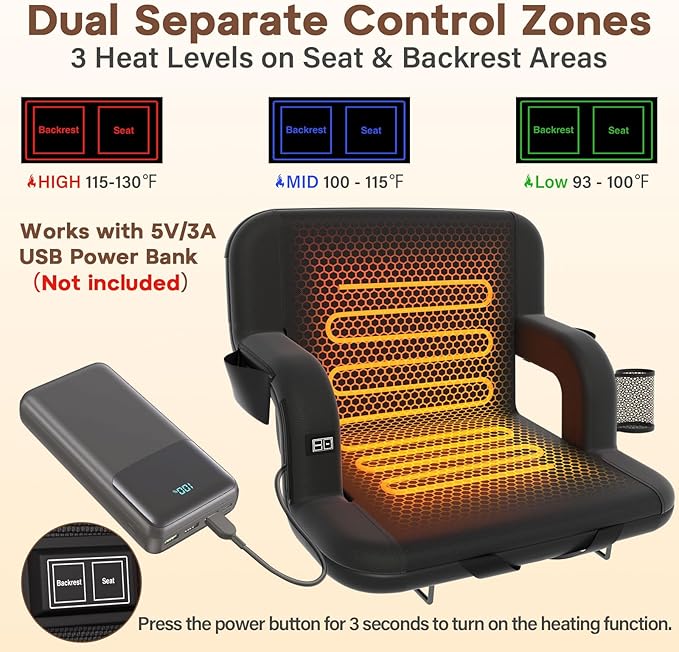 DEKEMASTER Heated Stadium Seats for Bleachers with Back Support, Portable Bleacher Chairs with Back and Cushion, 6 Adjustable Positions Pdded Bleacher Seat for Sport Events Camping
