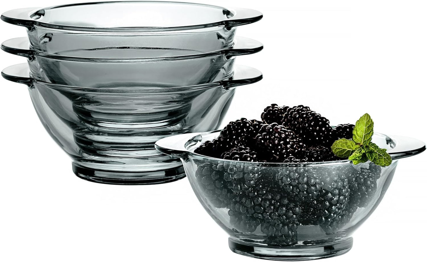 STP GOODS Glass Soup and Salad Bowl with Handles, Cobalt Transparent Glass Eating Plates, Circular Dinnerware for Salad, Bread, Dinner (Gray 4 pcs)
