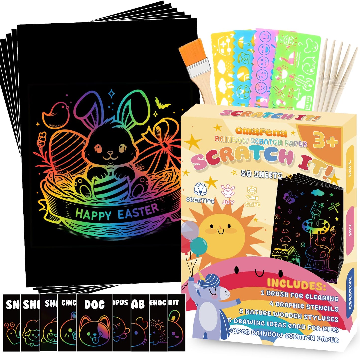 OmaFena Scratch It ! Rainbow Scratch Kit for Kid- 50 PCS Rainbow Scratch Paper Scratch Off Art Crafts - Easter Arts Supplies Kits Party Games Christmas Birthday Gifts