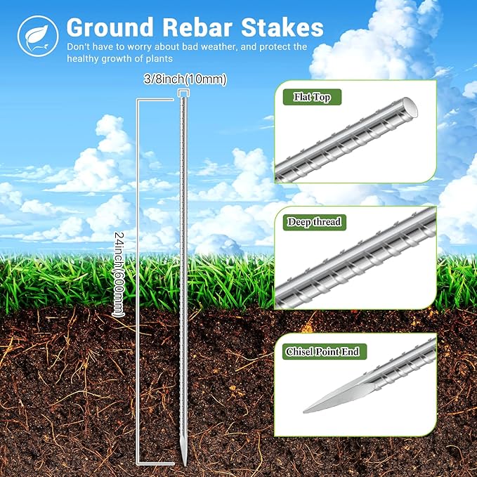Gisafai 24 Pcs 24 Inch Ground Rebar Stakes Heavy Duty Ground Anchors Steel Plant Support Garden Stake Long Straight Metal Spikes with Chisel Point End for Concrete Timber Garden Plant Tent