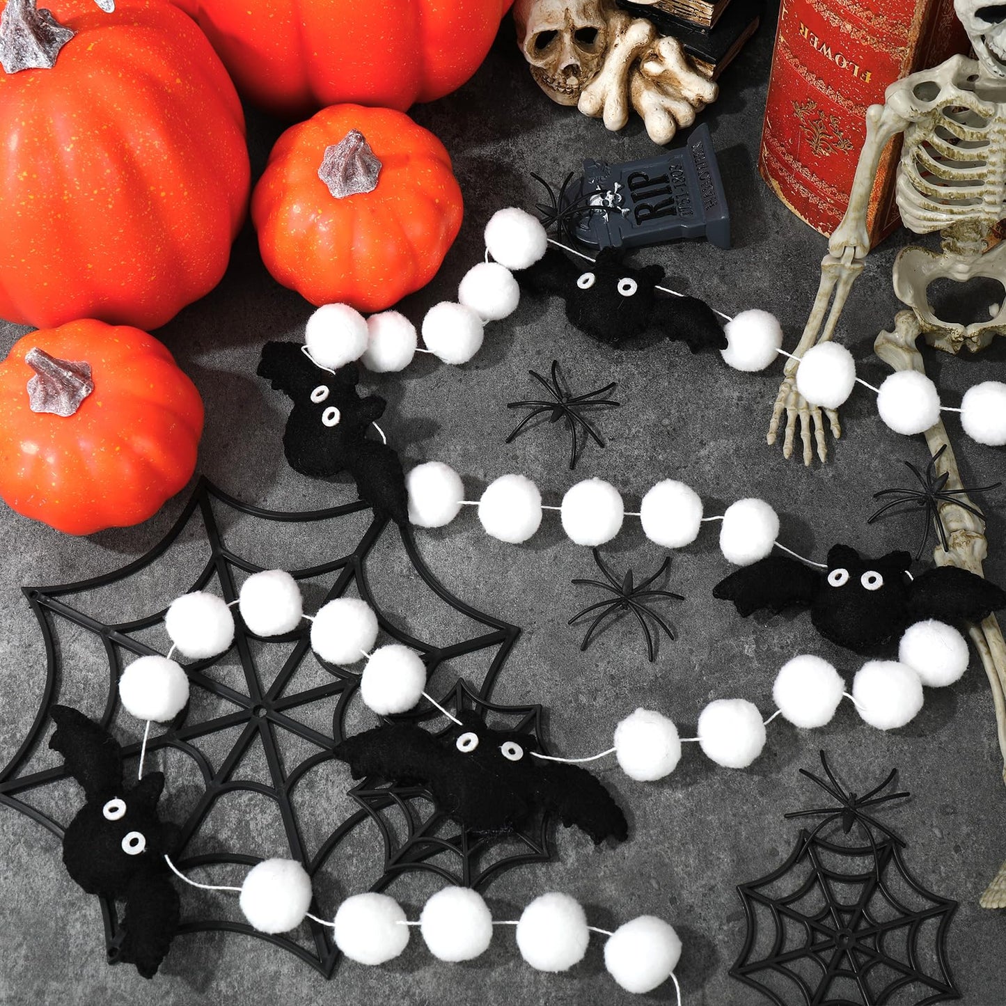 AnyDesign 8.2Ft Felt Garland with 3D Black Bats, White Pom Pom Balls - Halloween Banner for Home Decoration