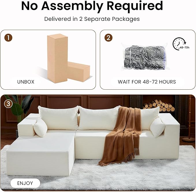 106" Cloud Sectional Boneless Couches for Living Room, Modular L Shaped Couch with Deep Seat Oversized Left Facing Chaise, Memory Foam Compressed Spineless 3 Seater Sofa for Bedroom Apartment, Beige