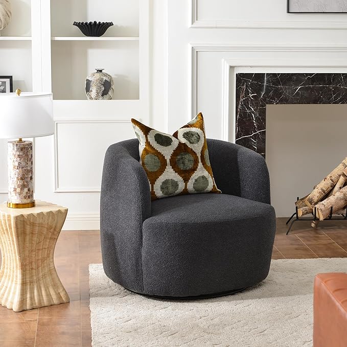 KINWELL 34" Wide Boucle Swivel Barrel Chair, No Assembly Round Upholstered Armchair Accent Chair Single Sofa Chair with Toss Pillow for Living Room and Bedroom, Dark Grey