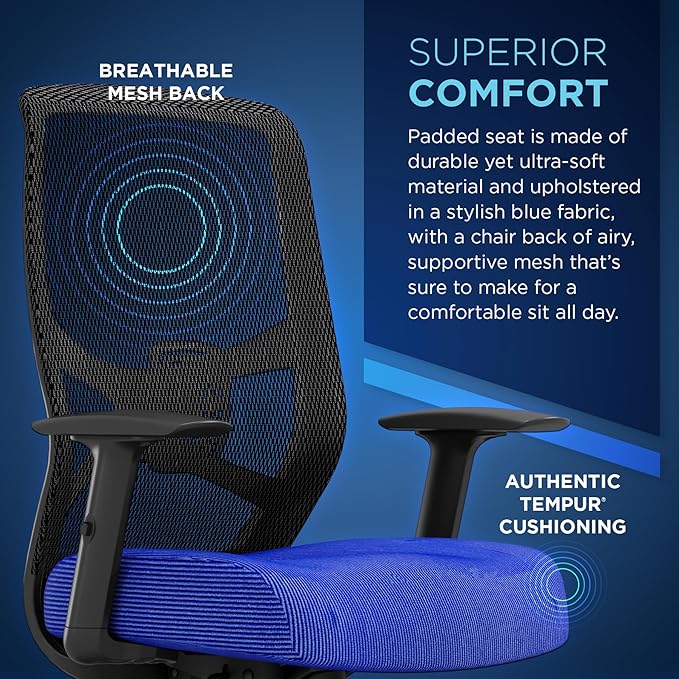 Tempur-Pedic ProTask Executive Task Office Chair with Cooling Gel Layer and Built-in Lumbar Support, Height-Adjustable Ergonomic Mesh Office Desk Chair, Blue