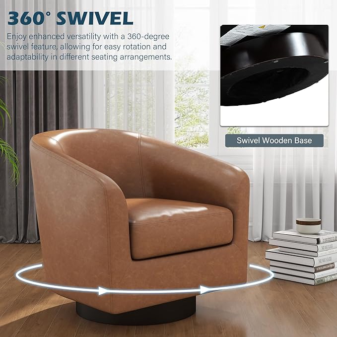 UIXE Faux Leather Swivel Barrel Accent Chair, Upholstered Armchair Club Chair for Living Room, Round Arm Chair Bedroom Single Sofa Reading Seat - Brown
