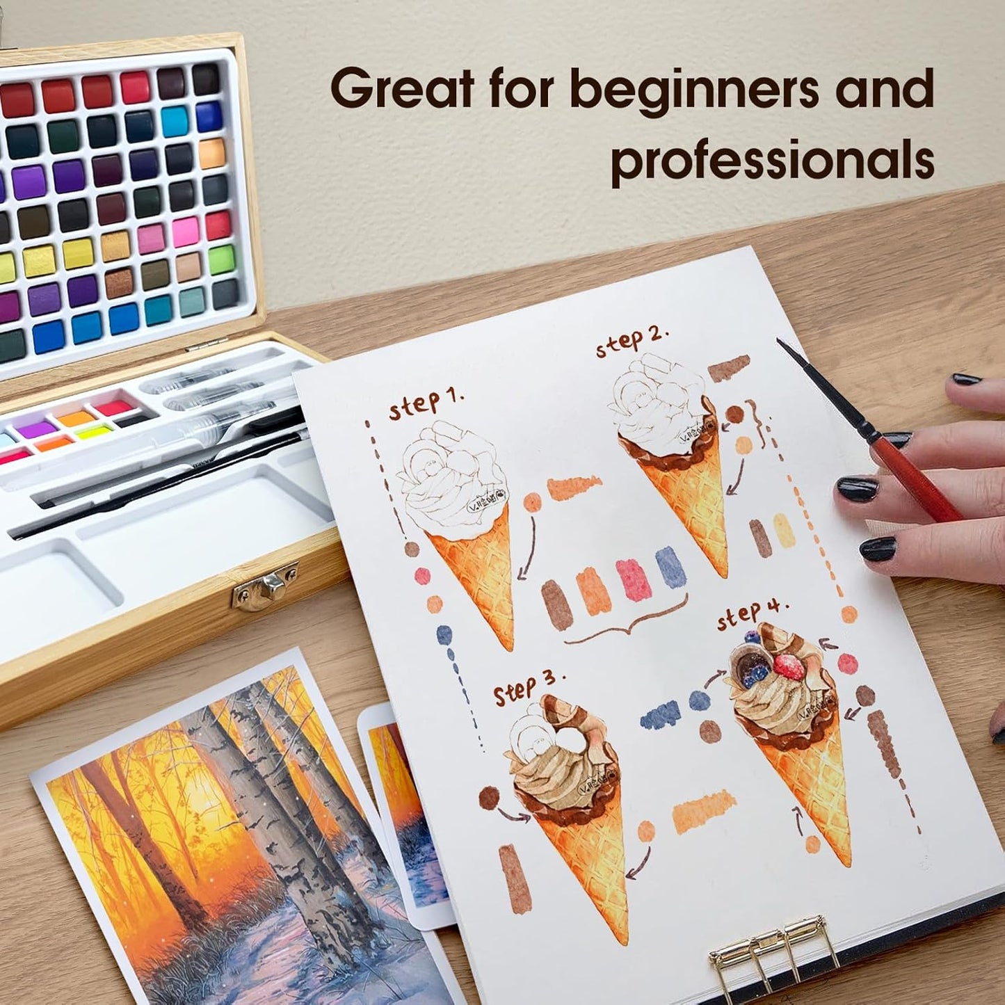 Watercolor Paint Set,100 Colors in Nature Bamboo Box,Portable Water Colors Kit with Papers and Brush Pens,Great for Kids Adults Beginners & Professionals