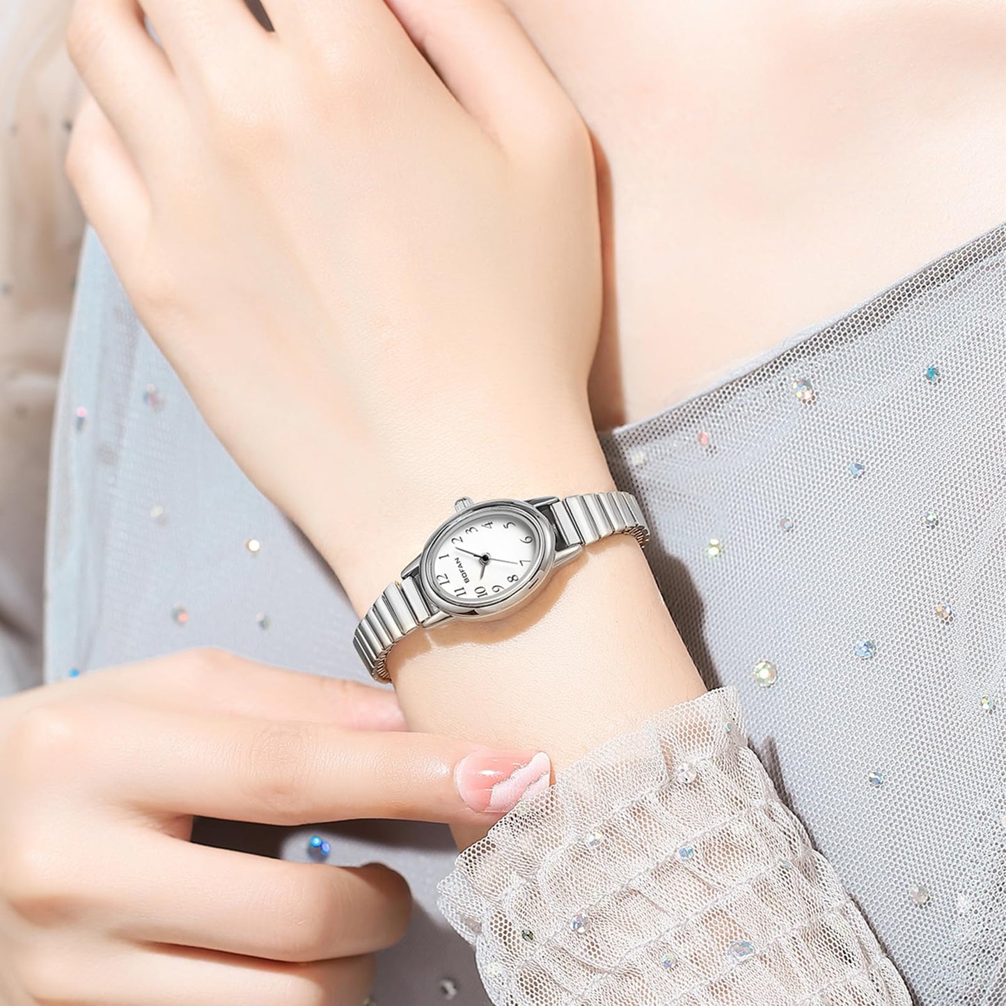 BOFAN Small Watches for Women Easy Read Ladies Quartz Wrist Watch with Silver Stainless Steel Expansion Band,Waterproof.（6.10in-6.89in）