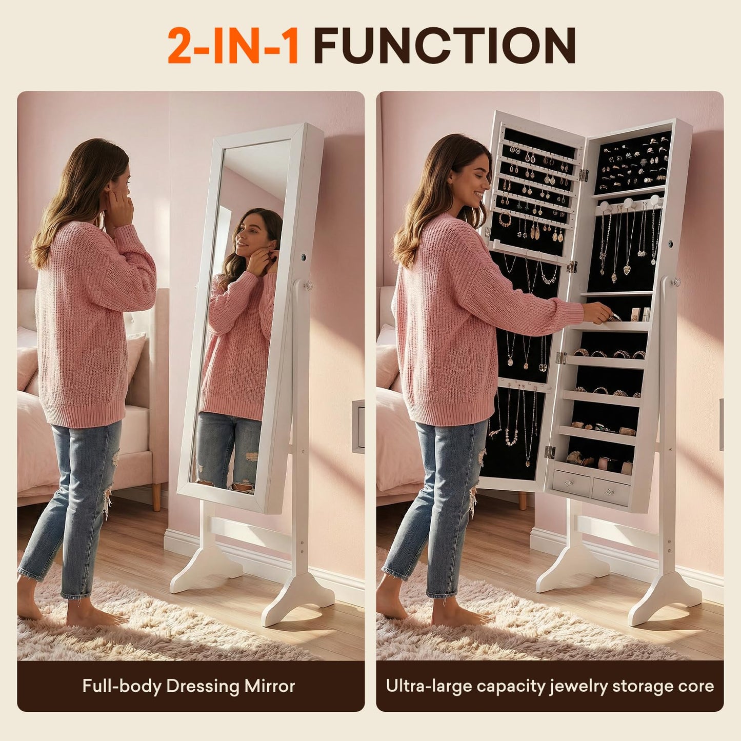 Antok Jewelry Cabinet with Full Length Mirror & Large Storage - 61" Standing Lockable Armoire Organizer, Floor to Ceiling Model for Bedroom or Dressing Room, White