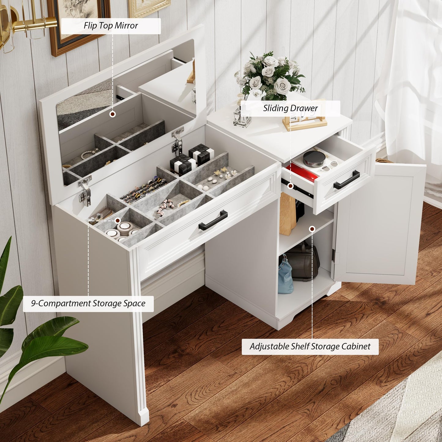 FOMNEY Farmhouse Vanity Desk with Flip Top Mirror, 43.3" W Makeup Vanity with Drawers, Storage Cabinet, Dressing Make Up Vanity Table for Bedroom, Wood Home Office Desk, Pure White