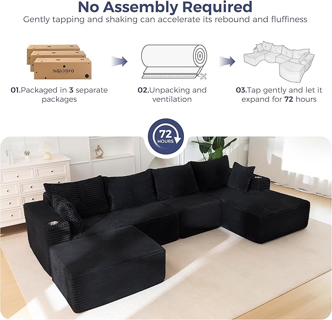 MAXYOYO 132" Giant U-Shaped Modular Sectional Couch, Modern Boneless Couch for Living Room, Sofa in A Box, Oversized Sofa Sleeper with Deep Seat, No Assembly Required, Black