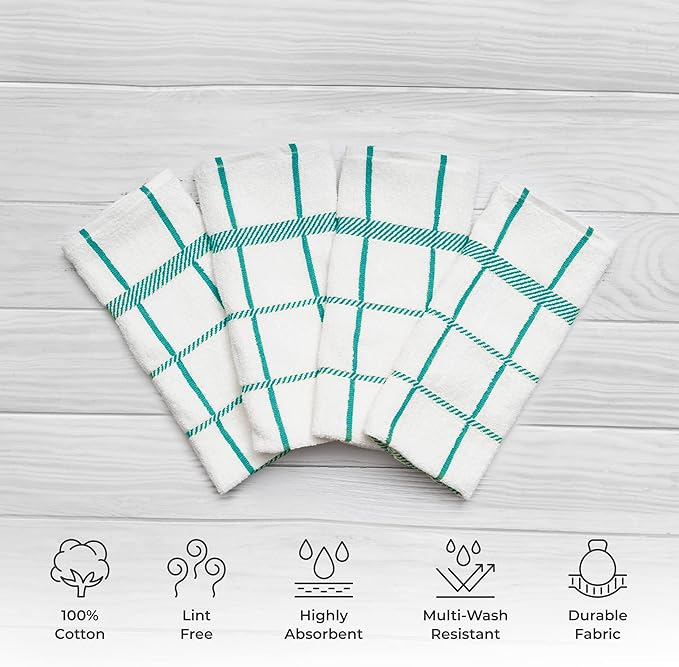 100% Cotton Terry Dish Cloth & Dish Towel (Teal, Dish Towel - 4 Pack(Checks))