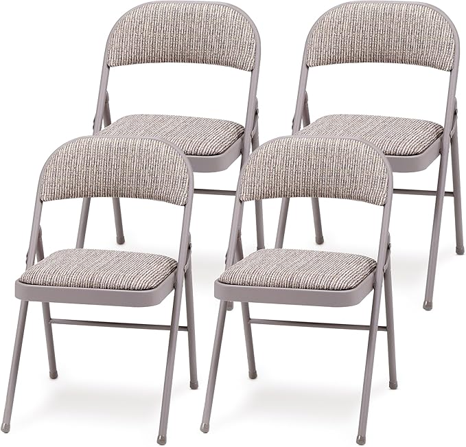 MECO 4-Pack Steel Frame Folding Dining & Event Chairs, Chicory Lace Motif Upholstery, Beige - Foldable Seating with Cushio...