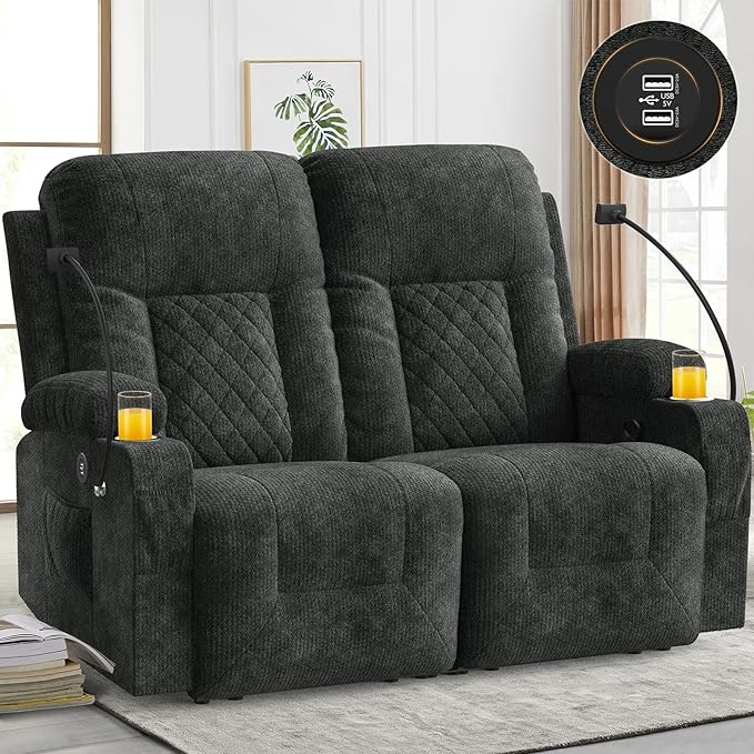 FURNIMAT Loveseat Recliner Sofa, 2 Seater Reclining Loveseat Sofa, Modern Fabric RV Loveseat Couch for Living Room/RV, with USB Ports, Cup Holders, Insert Pockets, Cell Phone Holders, Gray