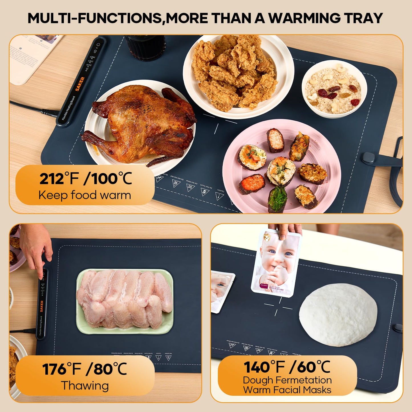 Saker Food Warming Mat,Electric Warming Tray for Food, Adjustable Heating Mat for Countertop with 3 Temperature Settings & Child Lock, Portable Foldable Food Warmer for Party, Buffet, Daily Use