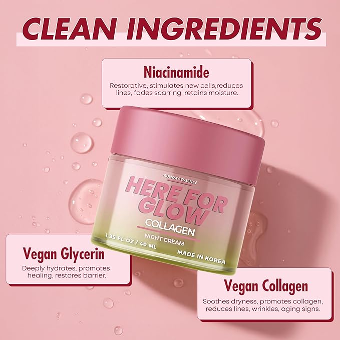 Collagen Night Cream - Dermatologist Tested, Korean Skin Care, Anti-Aging - Hydrating Moisturizer, Retains Moisture - Vegan, Non- GMO, Clean Beauty, 95% Natural - 1 Pack