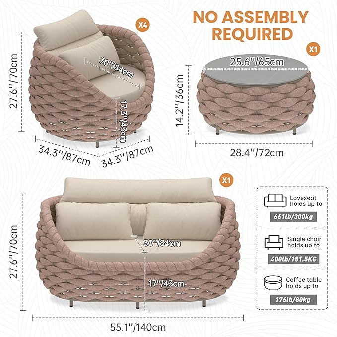 Erotr Aluminum Deck Outdoor Furniture Set: 6 Pieces Rope Patio Conversation Sofa Set - Modern Woven Porch Couch Set Cushioned - No Assembly All Weather for 660lbs Yard Garden Lanai Hotel, Terracotta