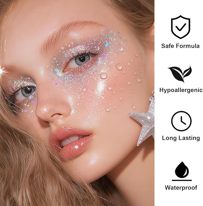 Face Body Glitter Set for Women and Kids, White Silver Pink Holographic Mermaid Sequins Chunky Glitter Makeup for Festival Rave Outfits Accessories, Sport, Wedding Season, Valentine's Day