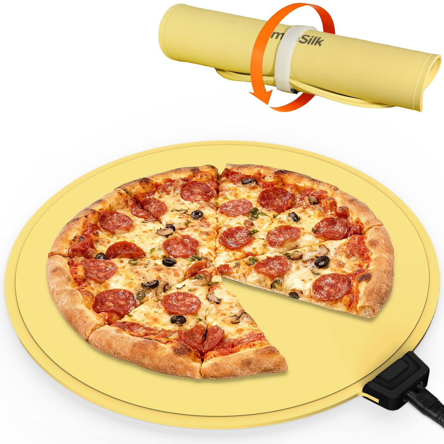 Smilesilk Portable Silicone Pizza Warming Mat - Roll Up Electric Food Heating Pad Tray, Fast Even Heating for Buffet Parties, Foldable Hot Plate Warmer for Home Kitchen Gifts (Yellow)