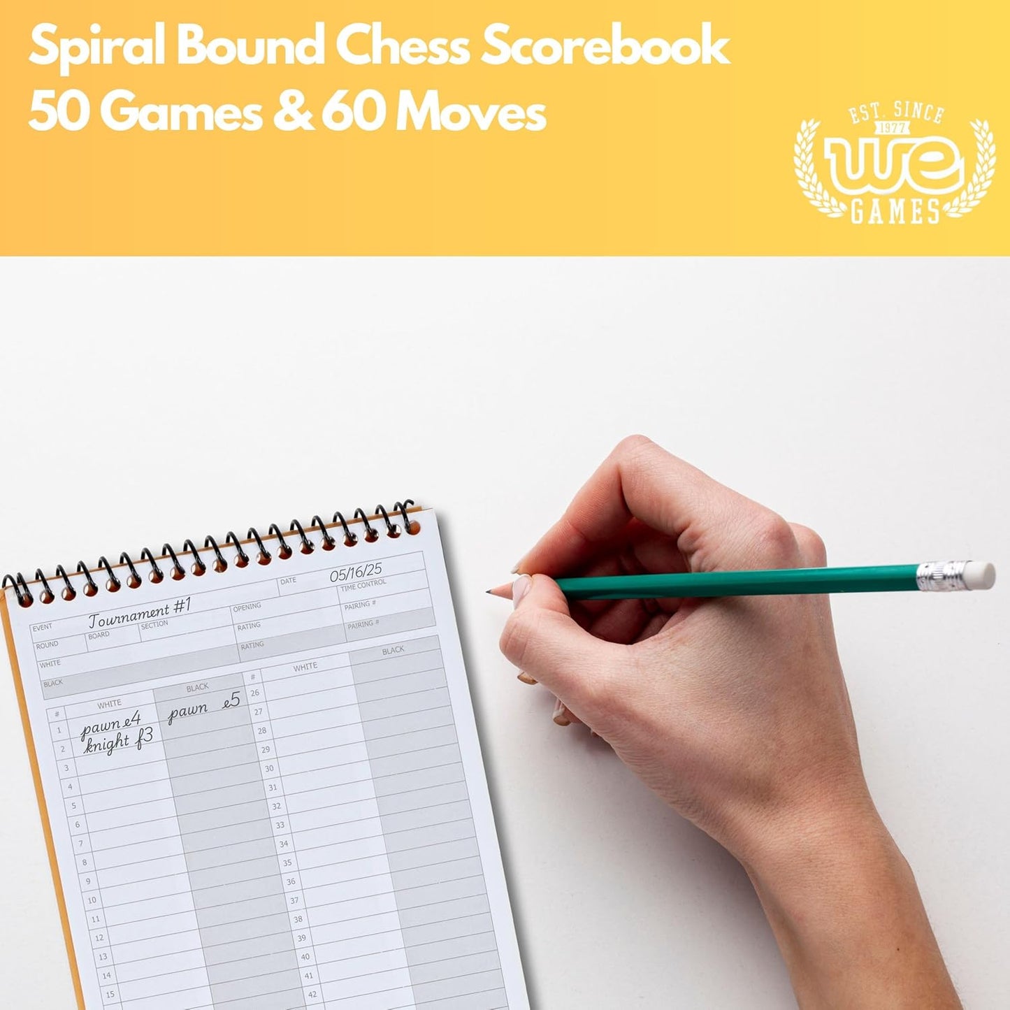 WE Games Ultimate Chessplayer's Scorebook - Spiral Bound & Paperback Chess Notation Book with 50 Games & 100 Moves, Ideal Chess Score Sheets for Clubs & Tournaments